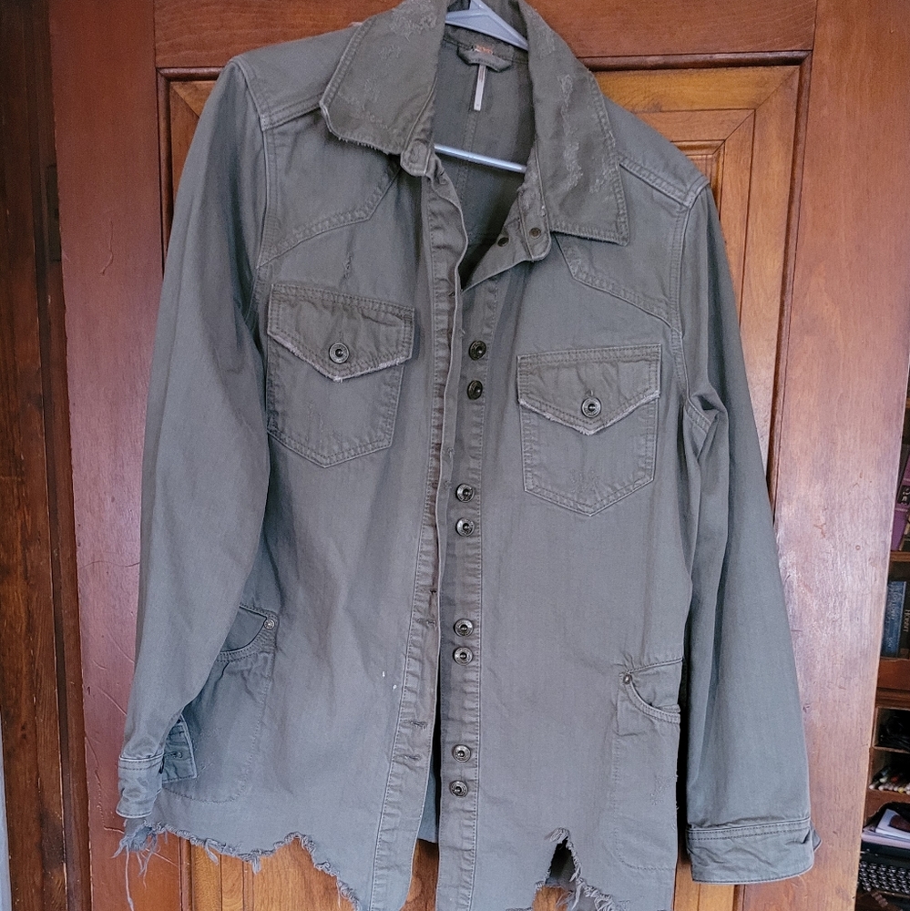 Free People Distressed Army Jean Jacket